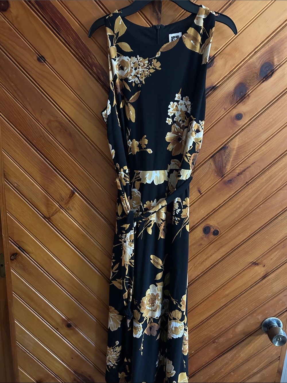 Anne Klein Black Midi Dress with Gold Floral Print